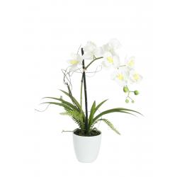 Umělá orchidej v květináči, 8 bílých květů, dekorace do interiéru, 62 cm